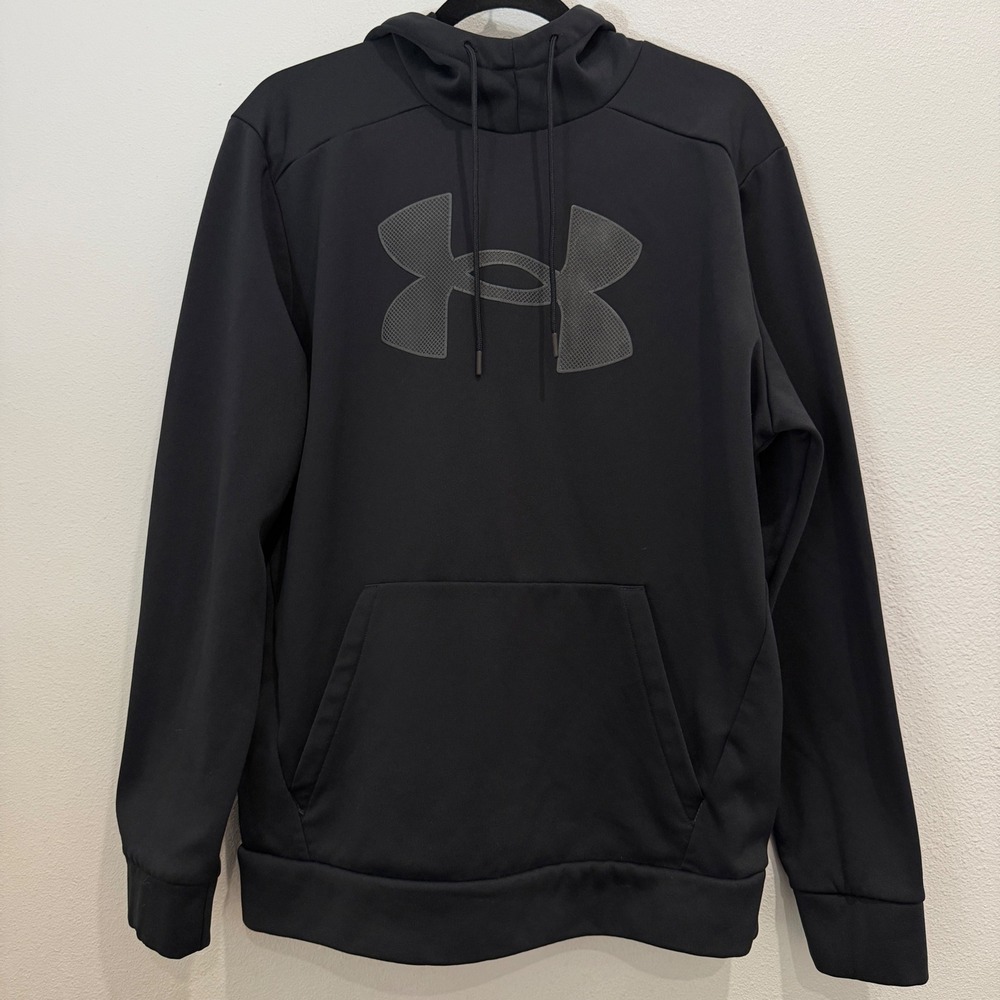 Under Armour Mens Loose Fit Fleece Hoodie Black Large Logo Pullover LG